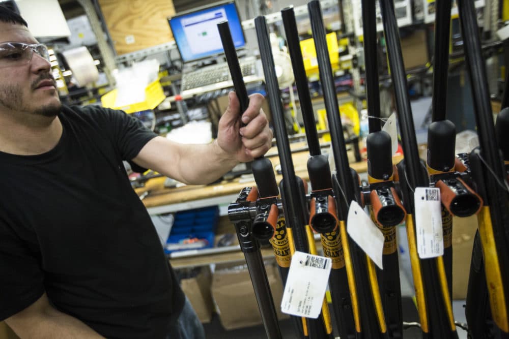 Rifles are stacked before packaging at the Smith and Wesson factory in Springfield on Oct. 14, 2015. (Keith Bedford/The Boston Globe via Getty Images)