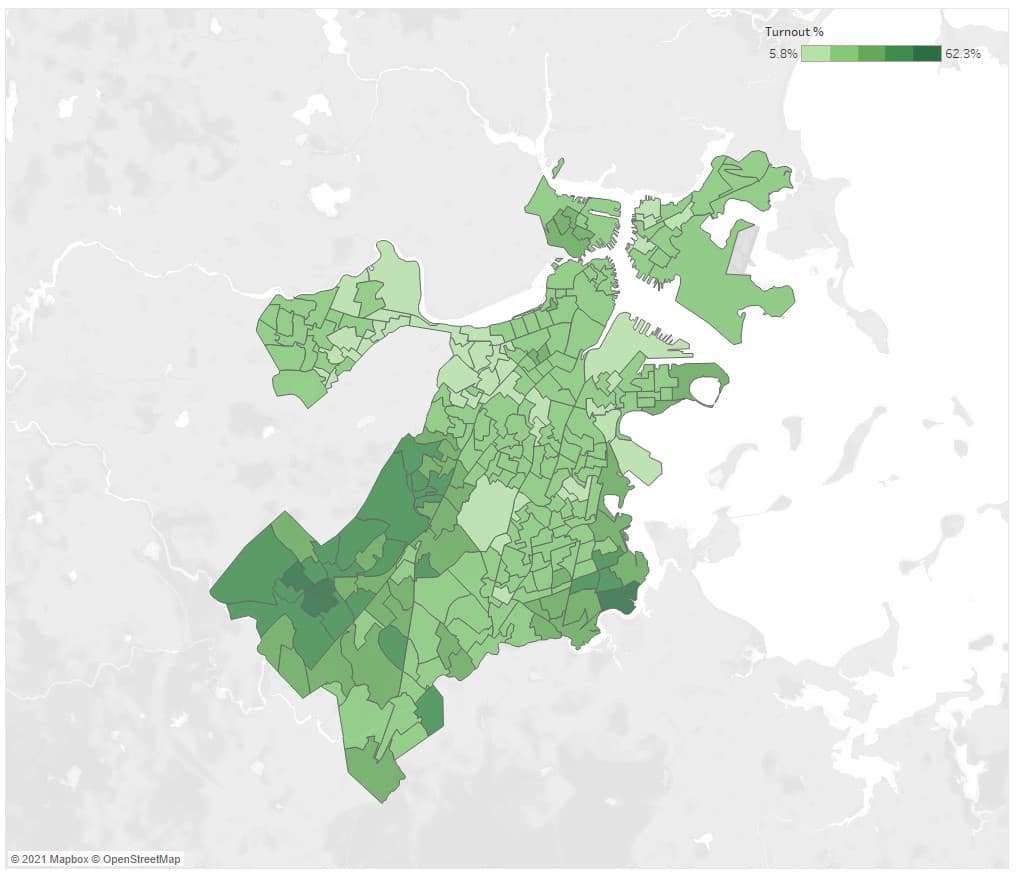 Turnout by precinct during Tuesday's preliminary election in Boston. (Courtesy MassINC Polling Group)