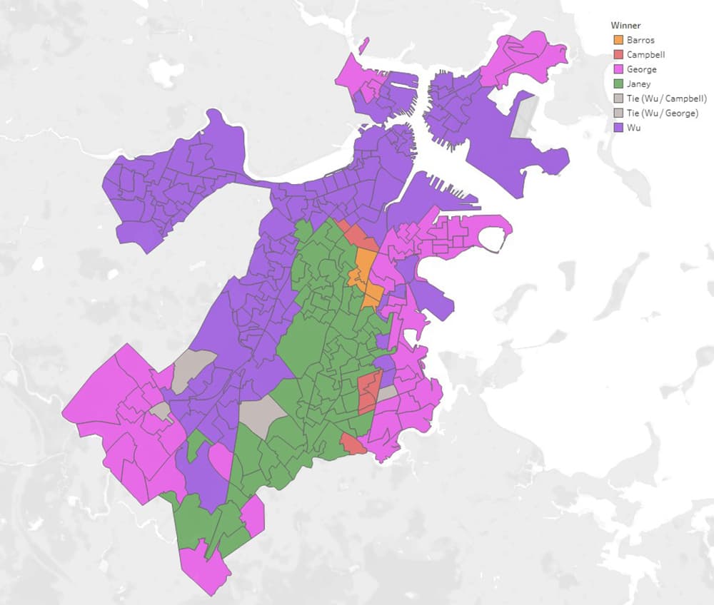 This map shows the winner in each precinct during Tuesday's preliminary election. (Courtesy MassINC Polling Group)