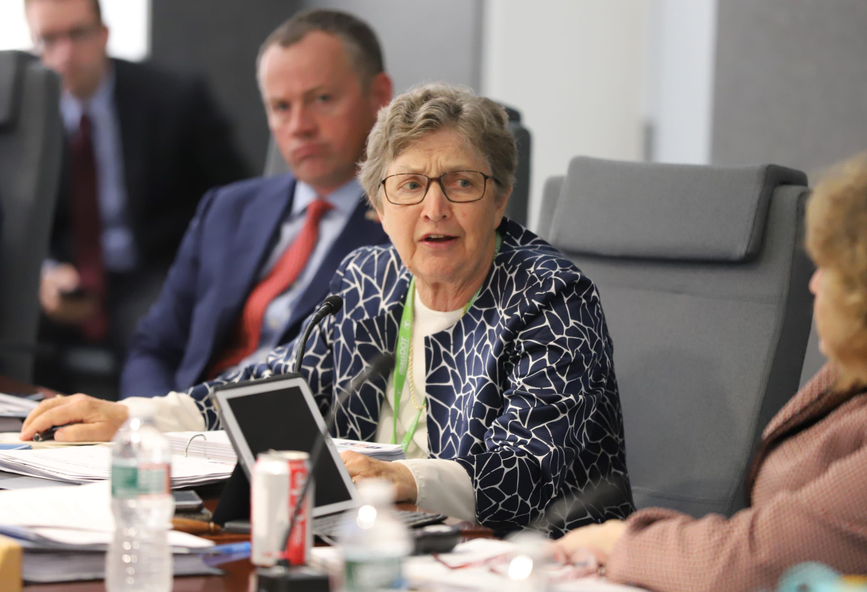Betsy Taylor speaks at a joint meeting of the MassDOT Board of Directors and the MBTA Fiscal and Management Control Board in 2019. (Sam Doran/SHNS)