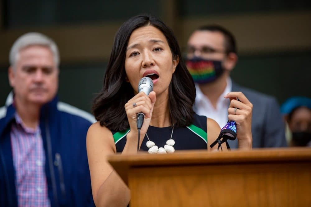 Boston City Councilor and mayoral candidate Michelle Wu spoke during the Solidarity with Haiti demonstration at John F. Kennedy Federal Building in Downtown Boston. (Jesse Costa/WBUR)