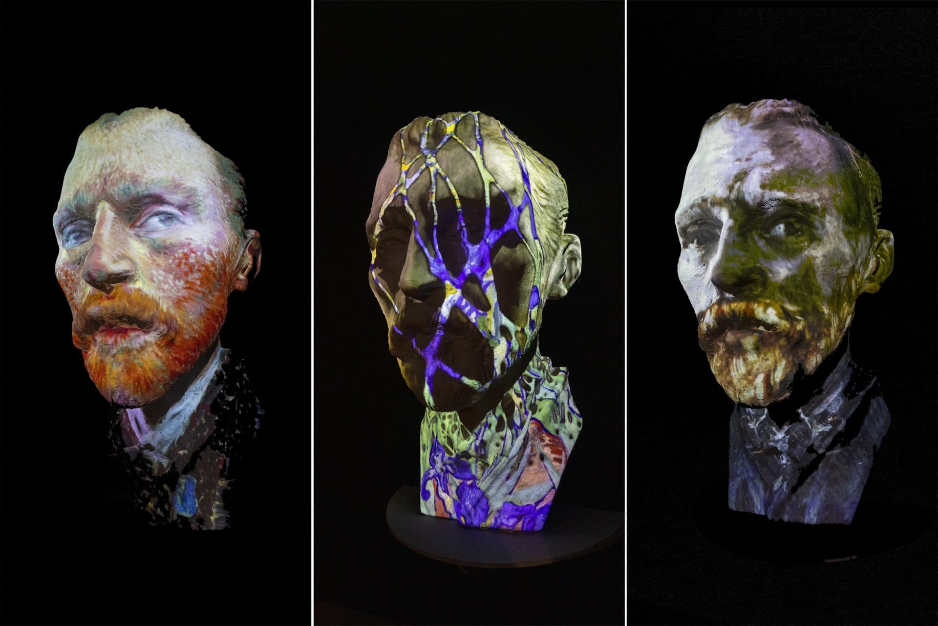 A bust of the Vincent van Gogh, which sits at the entrance of the exhibit, goes through a transformation using various light projections. (Jesse Costa/WBUR)
