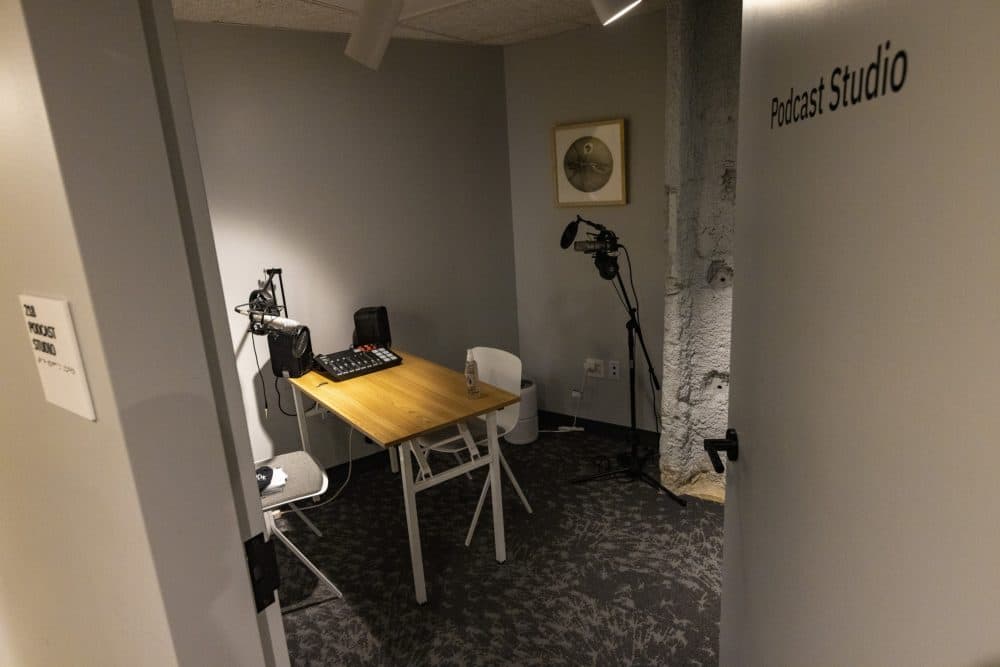 The podcast booth at GrubStreet. (Jesse Costa/WBUR)