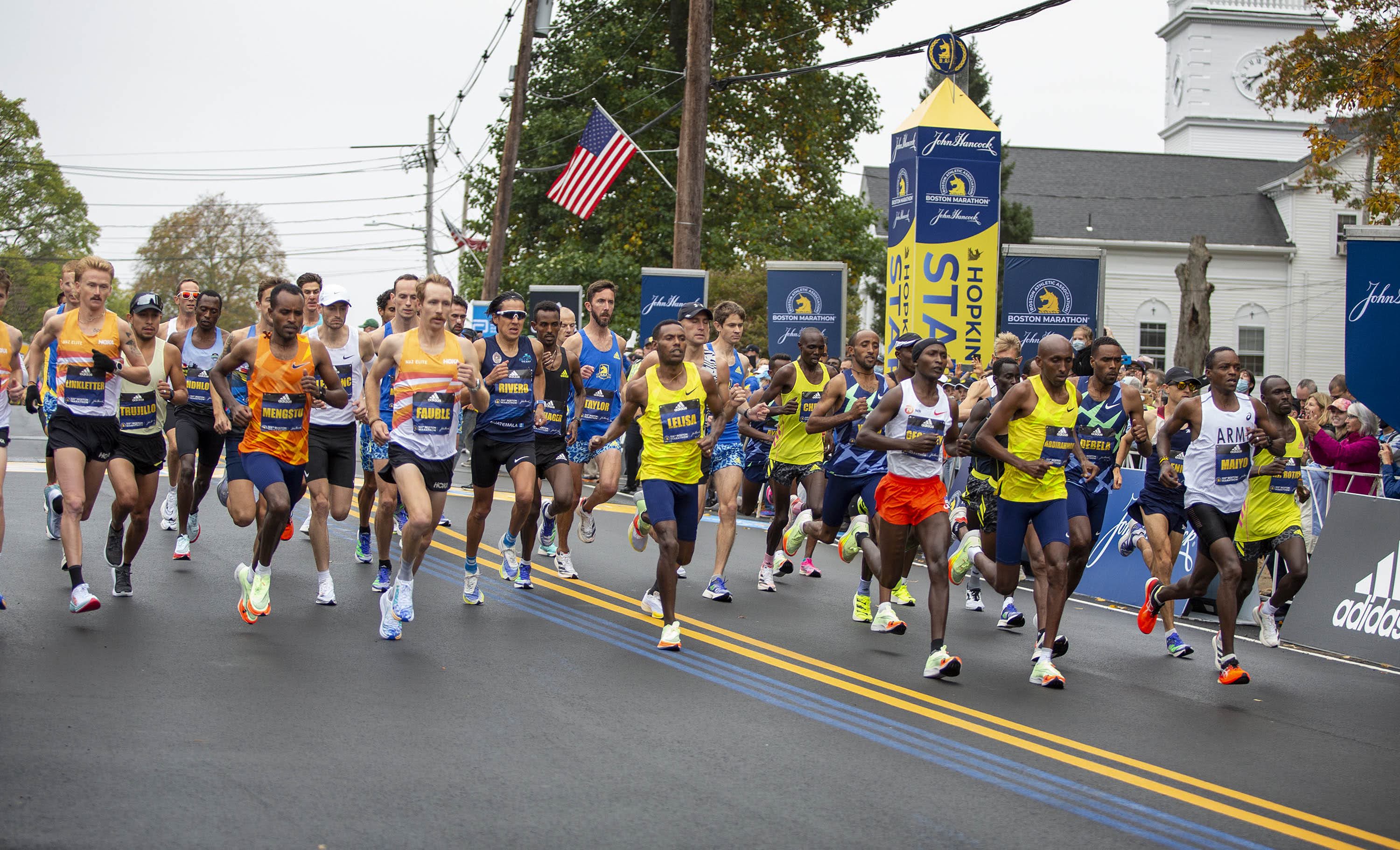The Professional Men's start of the 125th Boston Marathon, in Hopkinton. (Robin Lubbock/WBUR)