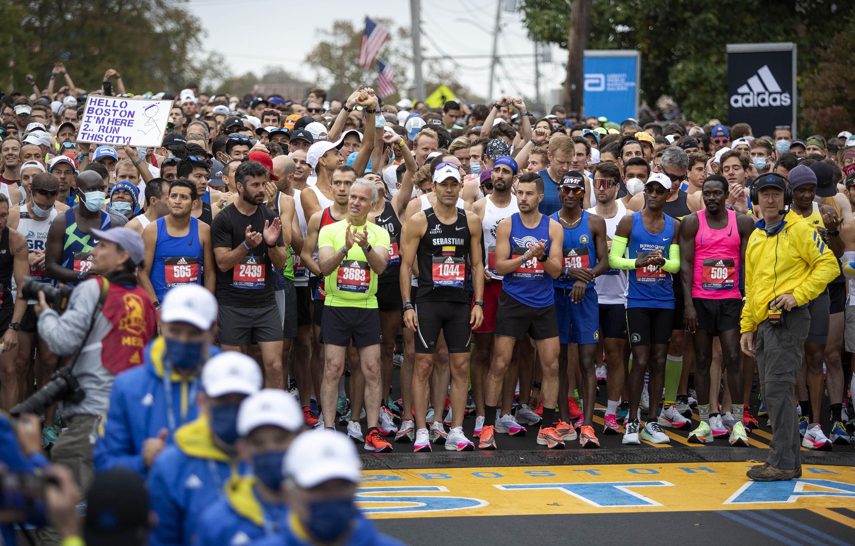 Runners line up at the rolling start for all participants in the 125th Boston Marathon. (Robin Lubbock/WBUR)