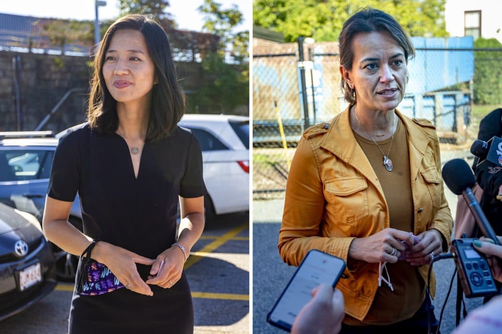Boston mayoral candidates Michelle Wu and Annissa Assaibi George on the campaign trail. The two candidates debated one-on-one for the first time Wednesday night. (Jesse Costa/WBUR)