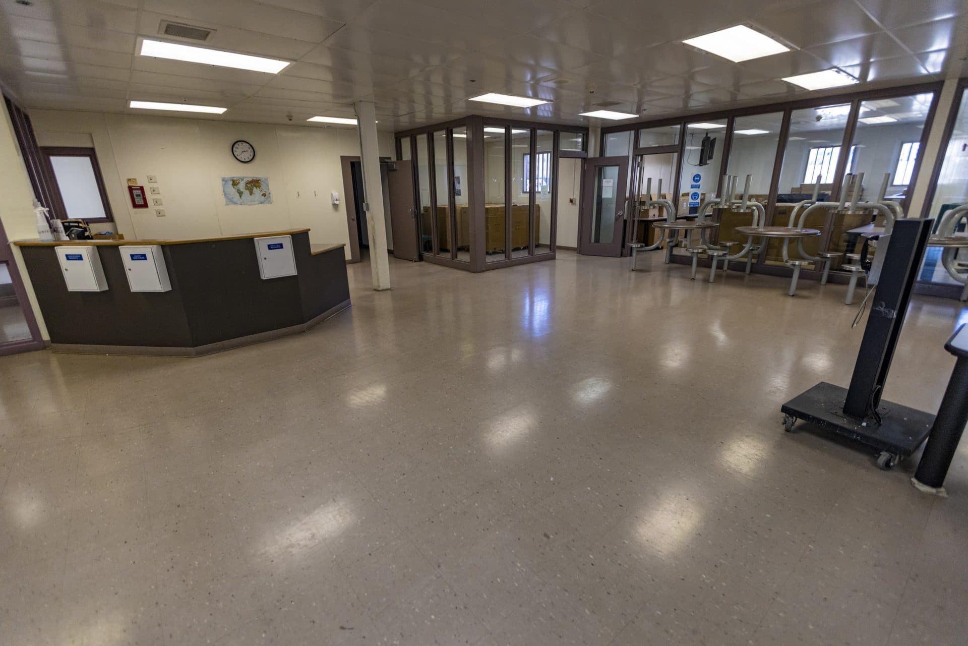 A common room inside a building owned by the Suffolk County Sheriff's Department that Sheriff Steve Tompkins says will serve as housing for some people living on the streets near Massachusetts Avenue and Melnea Cass Boulevard. (Jesse Costa/WBUR)