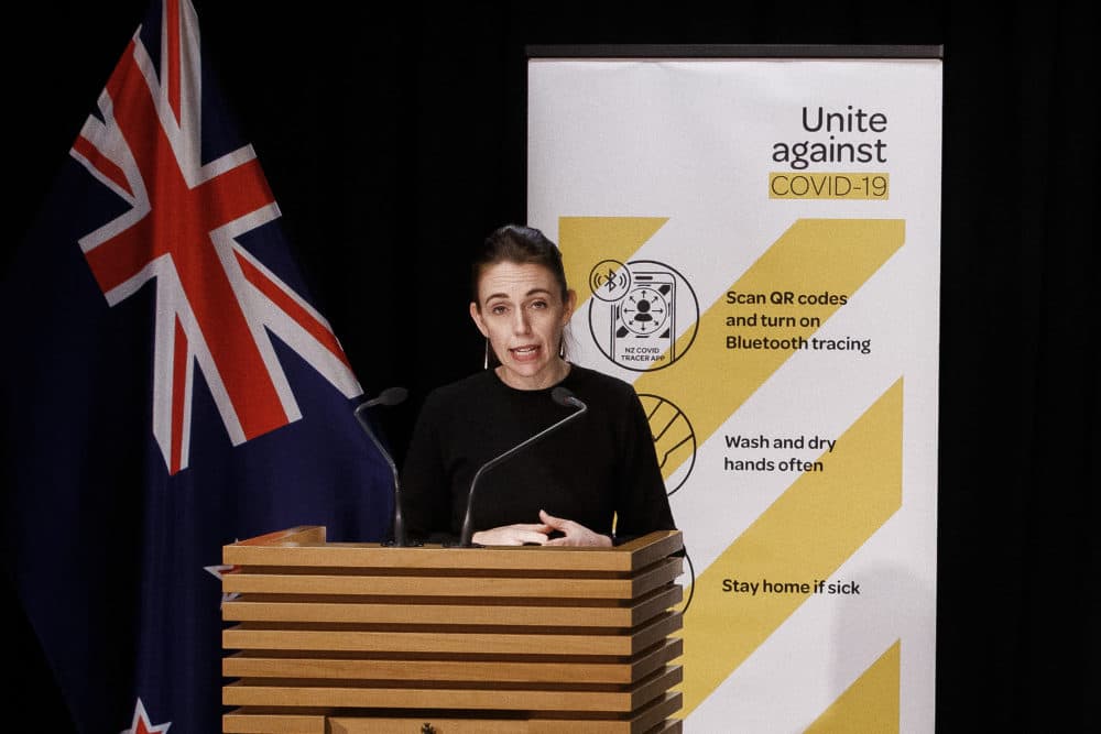 New Zealand Prime Minister Jacinda Ardern addresses a COVID-19 update press conference. (Robert Kitchin/Pool Photo via AP)