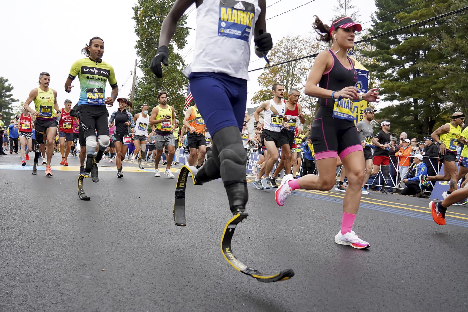 Runners head out from the starting line of the 125th Boston Marathon, Monday, Oct. 11, 2021, in Hopkinton, Mass. (Mary Schwalm/AP)