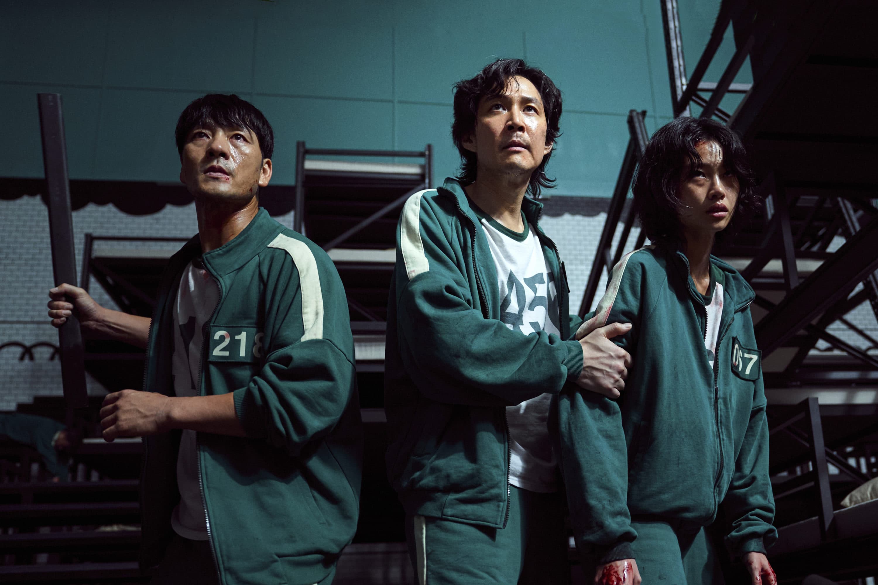 Fom left to right, Park Hae-soo, Lee Jung-jae and Jung Ho-yeon in a scene from "Squid Game." (Youngkyu Park/Netflix via AP)