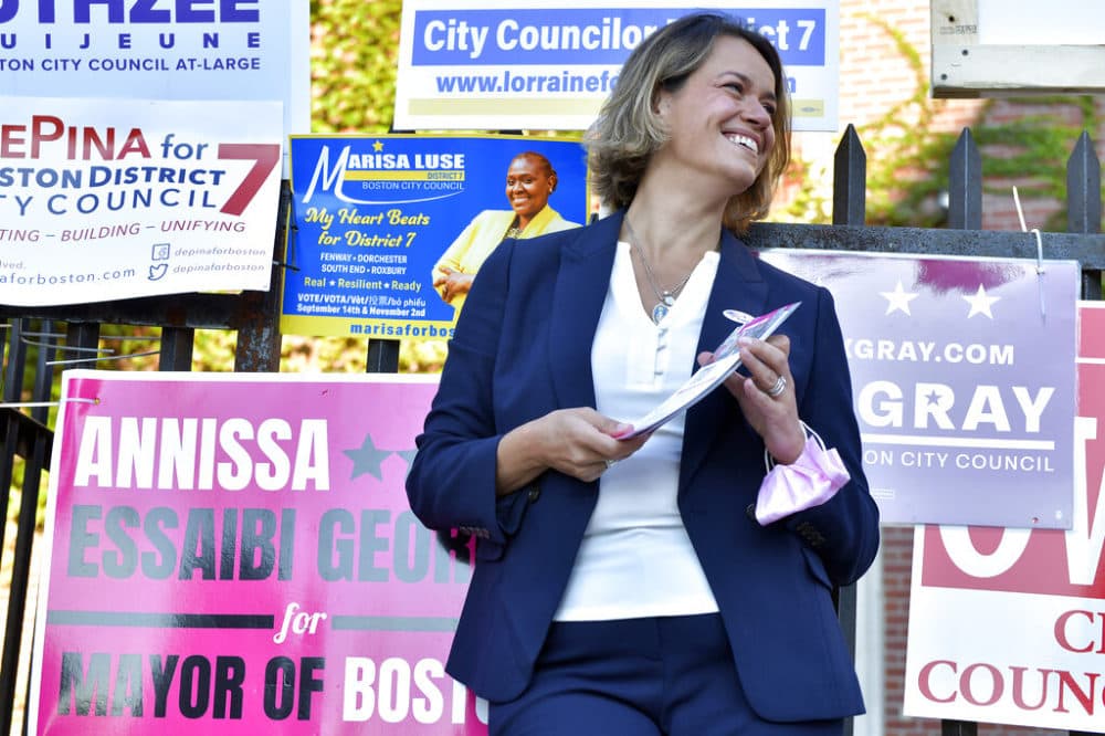 Mayoral Candidate City Councilor Annissa Essaibi George outside a polling place in the Roxbury neighborhood of Boston on Tuesday, September 14, 2021 in a preliminary mayoral election that will select two top contenders from a field of five candidates all of whom are people of color, four of them women. (AP Photo/Josh Reynolds)