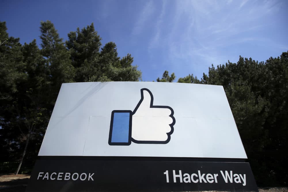 The thumbs up &quot;Like&quot; logo is shown on a sign at Facebook headquarters in Menlo Park, California, on April 14, 2020. (Jeff Chiu/AP)
