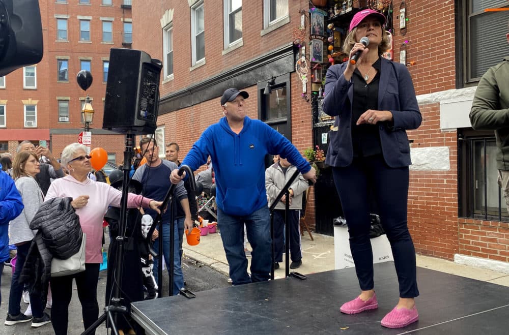 Annissa Essaibi George speaks at a Halloween event in the North End on Sunday. (Walter Wuthmann/WBUR)