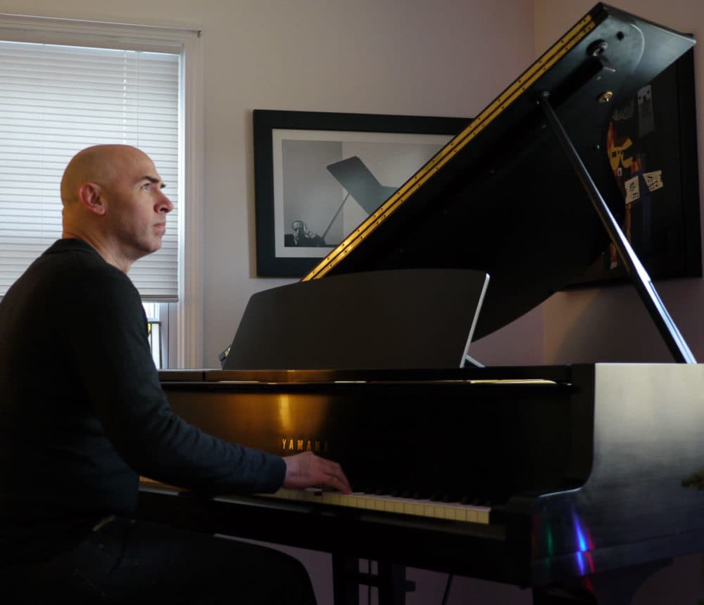 Composer Eric Shimelonis playing the piano, an instrument that revolutionized music when it was invented, thanks to its ability to play loud and soft. (courtesy of Rebecca Sheir)