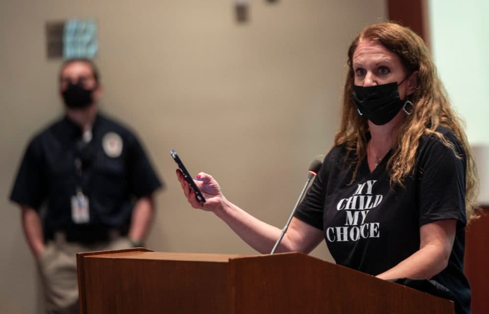 Patti Hidalgo Menders speaks out against board actions during a Loudoun County Public Schools (LCPS) board meeting in Ashburn, Virginia on October 12, 2021. (ANDREW CABALLERO-REYNOLDS/AFP via Getty Images)