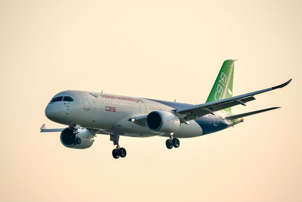 China's C919 passenger jet lands at Tianhe International Airport during a test flight on Dec. 21, 2020, in Wuhan, China. (VCG/VCG via Getty Images)