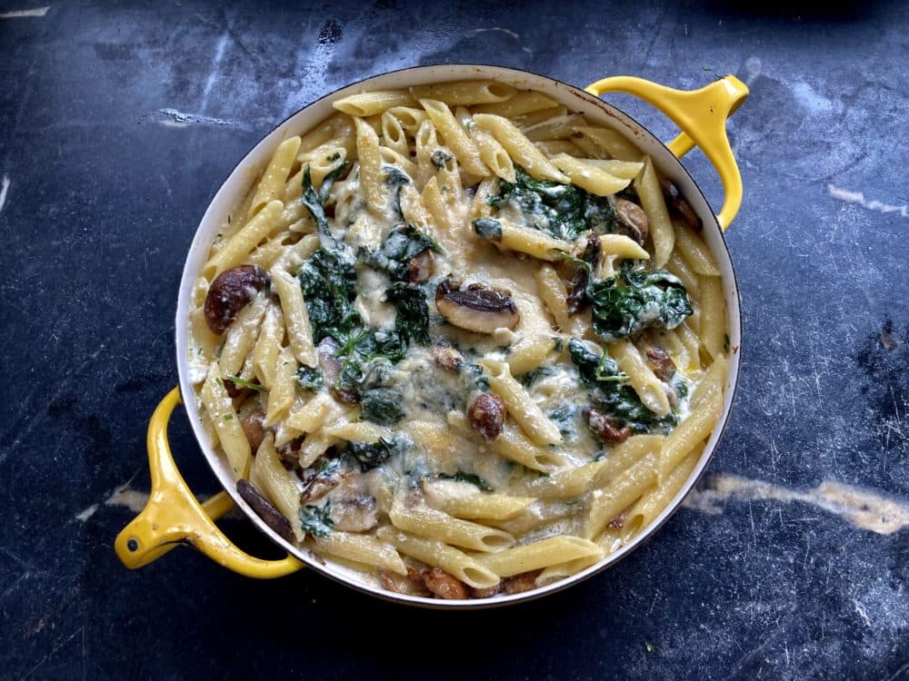 Baked ricotta penne with sauteed spinach and mushrooms. (Kathy Gunst)