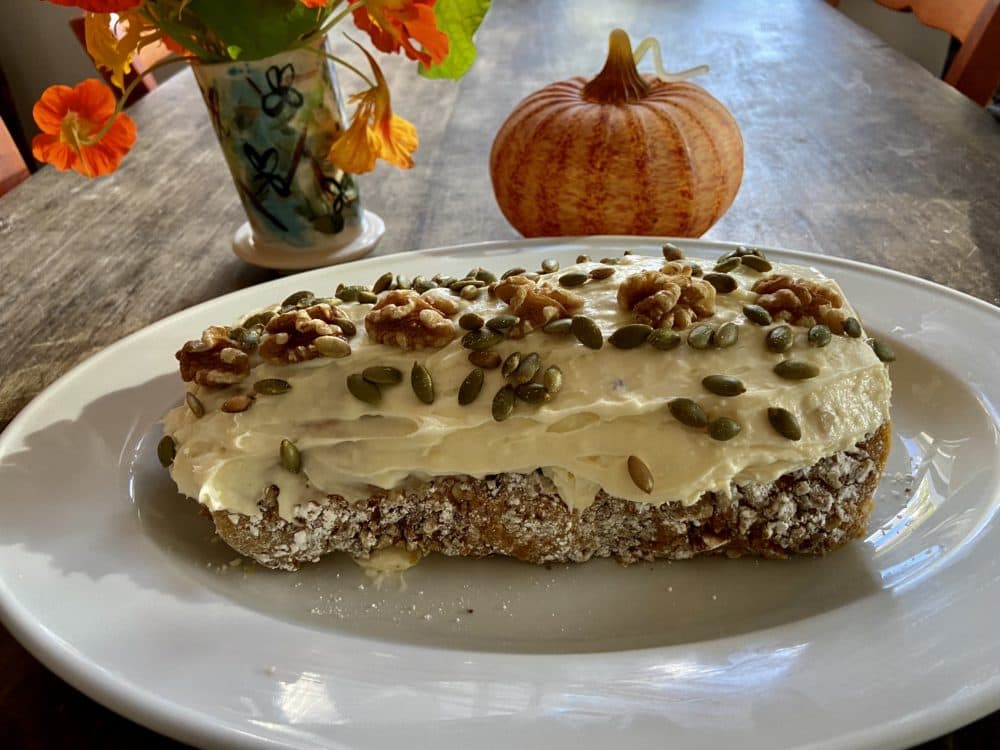 Pumpkin spice roll cake with cream cheese frosting. (Kathy Gunst)