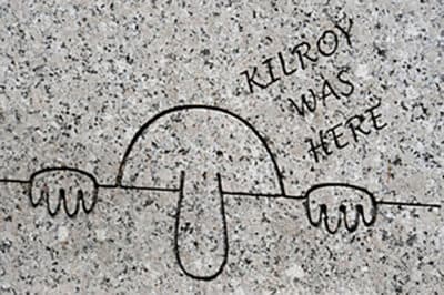 This July 30, 2009 photo shows the graffiti "Kilroy was here" made famous by US GI's during WWII and engraved on a panel at the WWII Memorial in Washington, DC. (Karen Bleier/AFP via Getty Images)