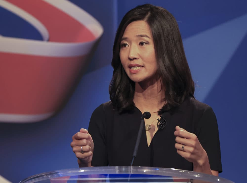 Boston City Councilor Michelle Wu during her final live debate with Boston City Councilor Annissa Essaibi George before the November 2 election for Boston Mayor at WCVB television studio in Needham on Oct. 25. (Matthew J Lee/Boston Globe) 