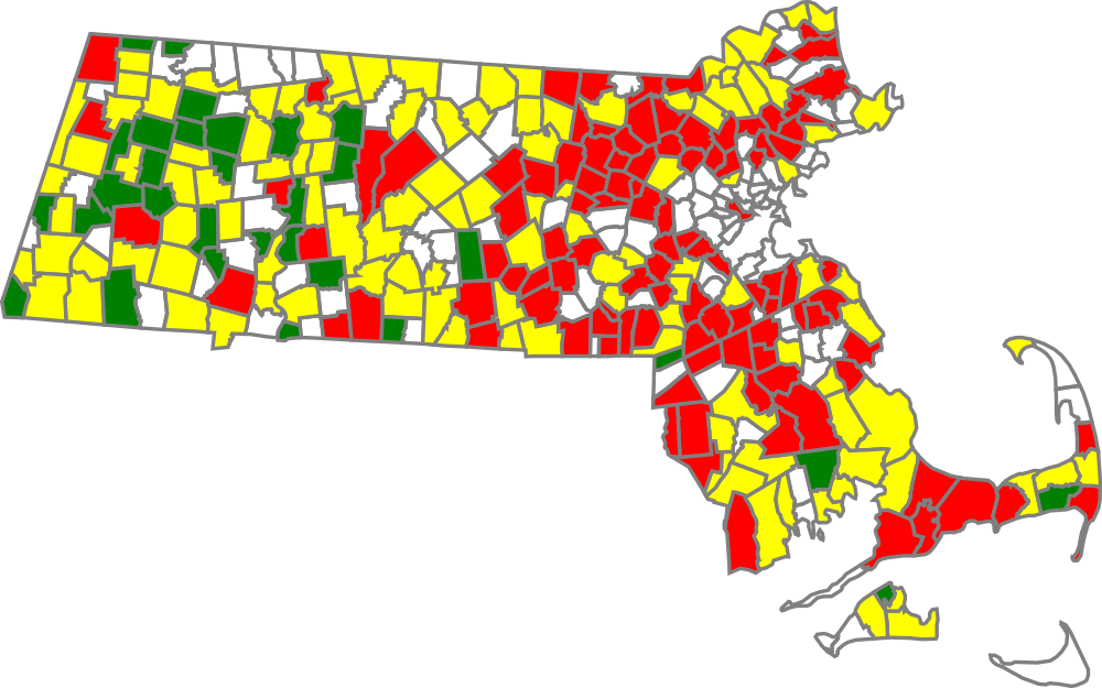 Map of 261 cities and towns with one or more public water systems that the state has tested for up to 18 PFAS chemicals. Green indicates 0 parts per trillion, yellow indicates less than 20.5 ppt, red indicates greater than 20.5 ppt. (Courtesy Massachusetts Sierra Club)