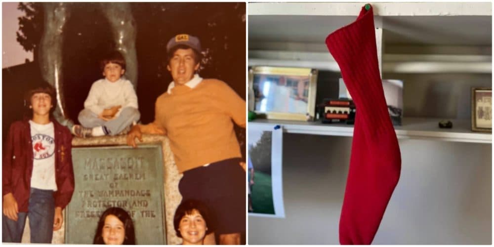 On the left, from left, the author's older brother John, in the Red Sox shirt, younger brother Robert (seated), father, Jack, sister, Johanna with long hair and the author, circa 1978. On the right, the family's "red sock." For the last 50 years, the sock goes up the first day of the regular season and comes down on the last day -- "If that isn't strictly adhered to, we ruin the entire season," says Swift. (Courtesy Jane Swift)