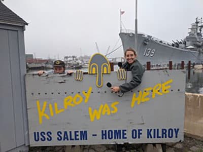 Ben and Amory at the Fore River Shipyard in Quincy, Massachusetts, which is believed to be where the famous WWII phrase "Kilroy was here" originated.