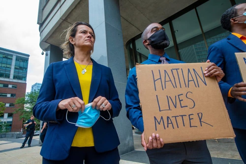 Boston City Councilor and mayoral candidate Annissa Essaibi George attended the Solidarity with Haiti demonstration at John F. Kennedy Federal Building in Downtown Boston. (Jesse Costa/WBUR)