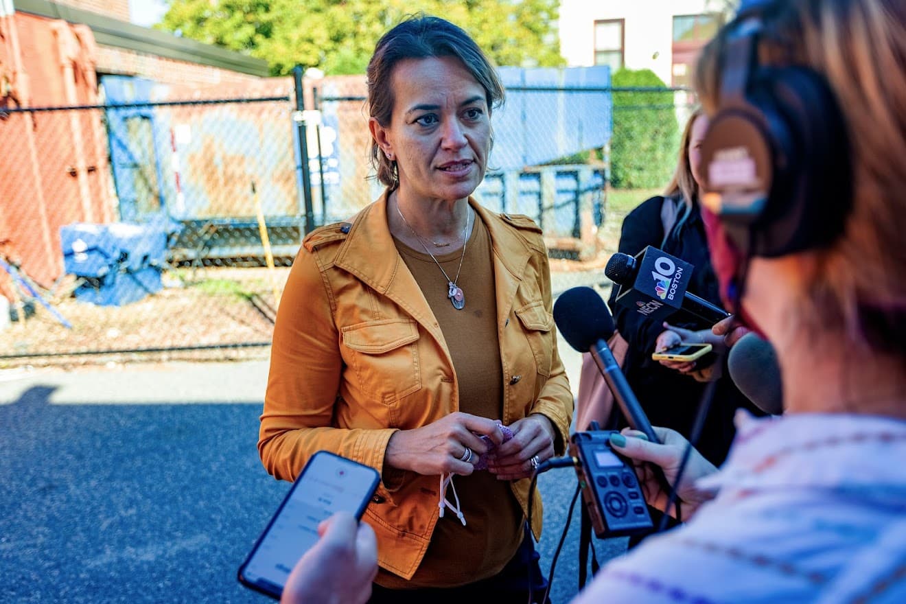 Boston mayoral candidate Annissa Essaibi George speaking at a campaign event in Mattapan. (Jesse Costa/WBUR)