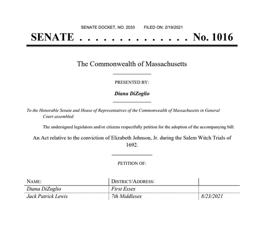 Senate Bill 1016 would clear Elizabeth Johnson Jr.'s name. She was accused of being a witch in 1693, but she was never exonerated.