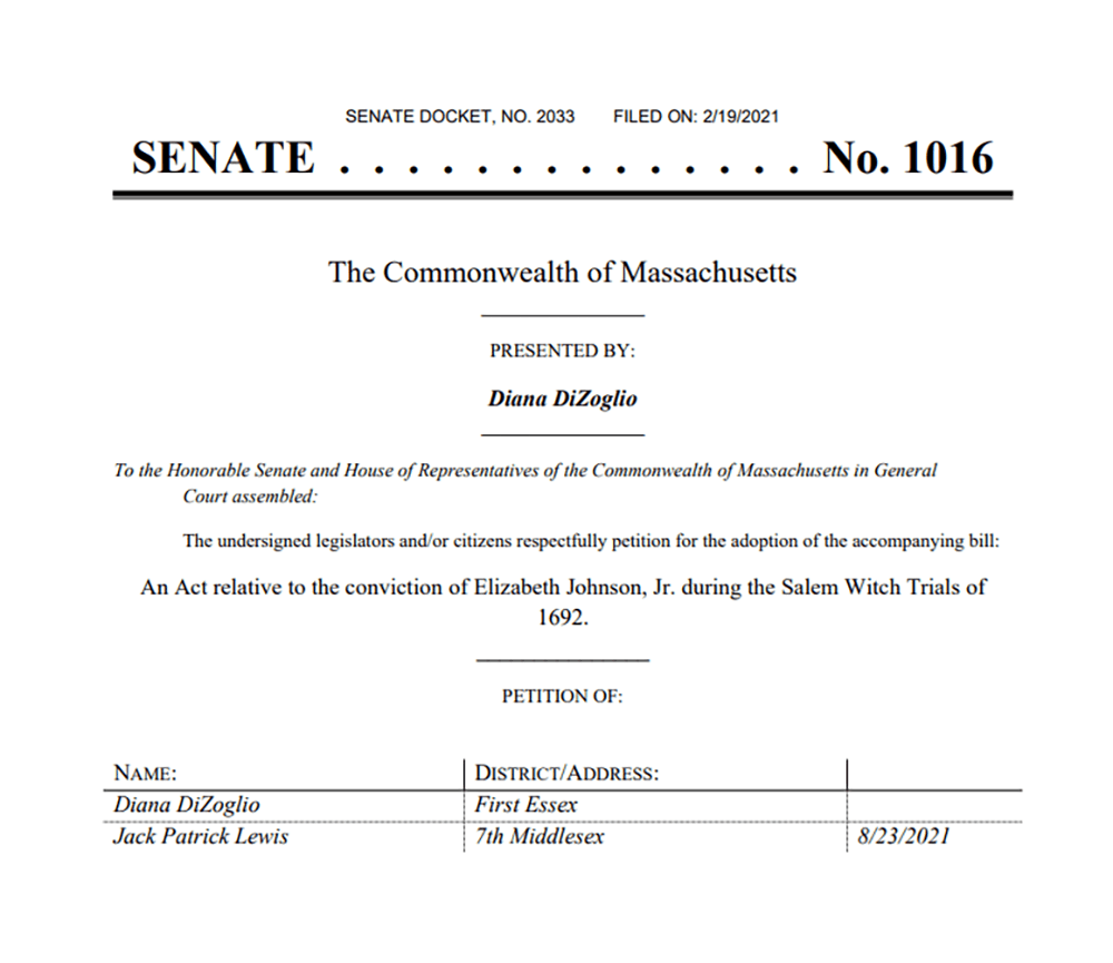 Senate Bill 1016 would clear Elizabeth Johnson Jr.'s name. She was accused of being a witch in 1693, but she was never exonerated. 