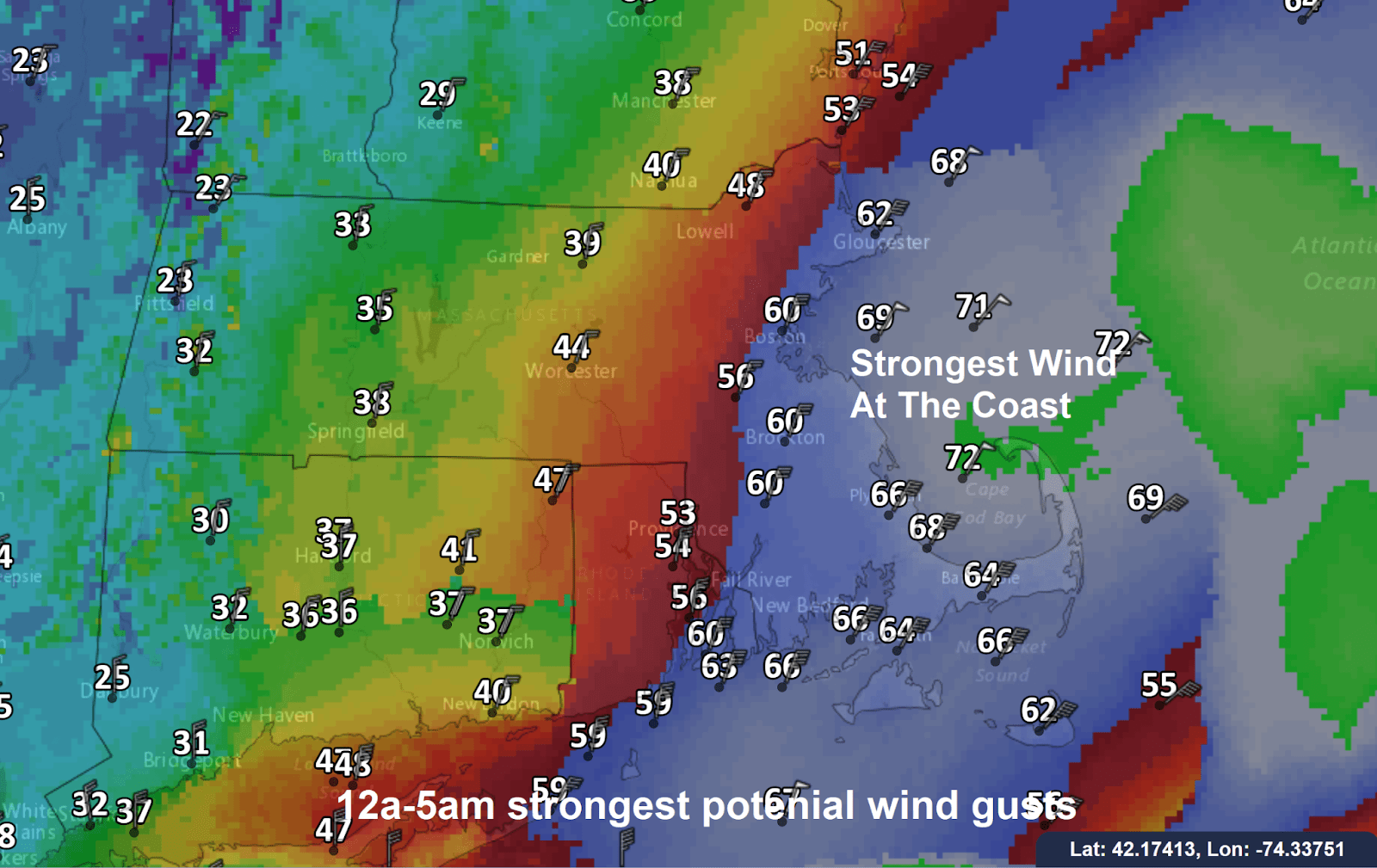 Wind gust potential will be most significant at the coastline. (NOAA EDD Model Data)