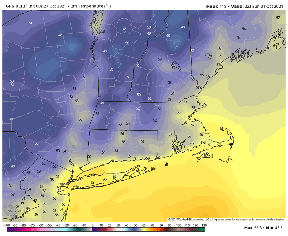 Southern New England will experience mild temperatures late afternoon on Halloween with dry conditions. (Courtesy WeatherBELL)