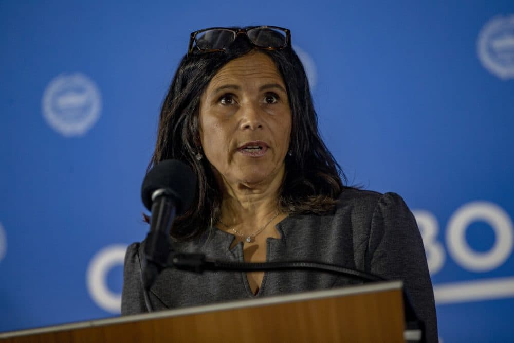 Boston Superintendent of Schools Brenda Cassellius speaks at a press conference about the district's back-to-school plan ahead of the start of the 2021-2022 school year. (Jesse Costa/WBUR)