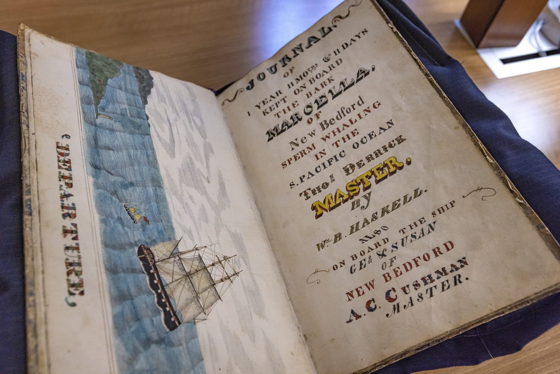 The logbook of the whaling vessel Marcella out of New Bedford at the Providence Public Library, which owns one of the largest collections of whaling logbooks in the country. (Jesse Costa/WBUR)