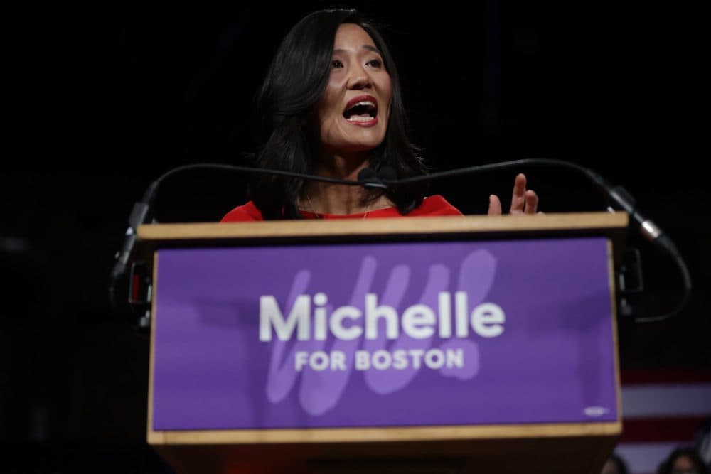 Michelle Wu speaks to supporters after winning the Boston mayoral race. (Jesse Costa/WBUR)