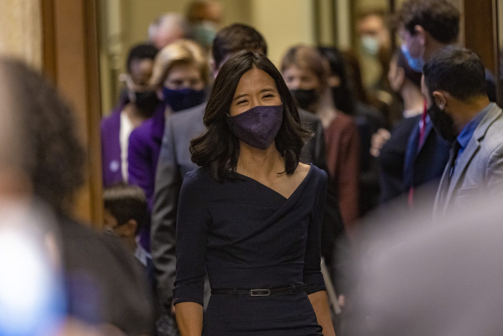 Michelle Wu walks through City Hall on Tuesday. (Jesse Costa/WBUR)