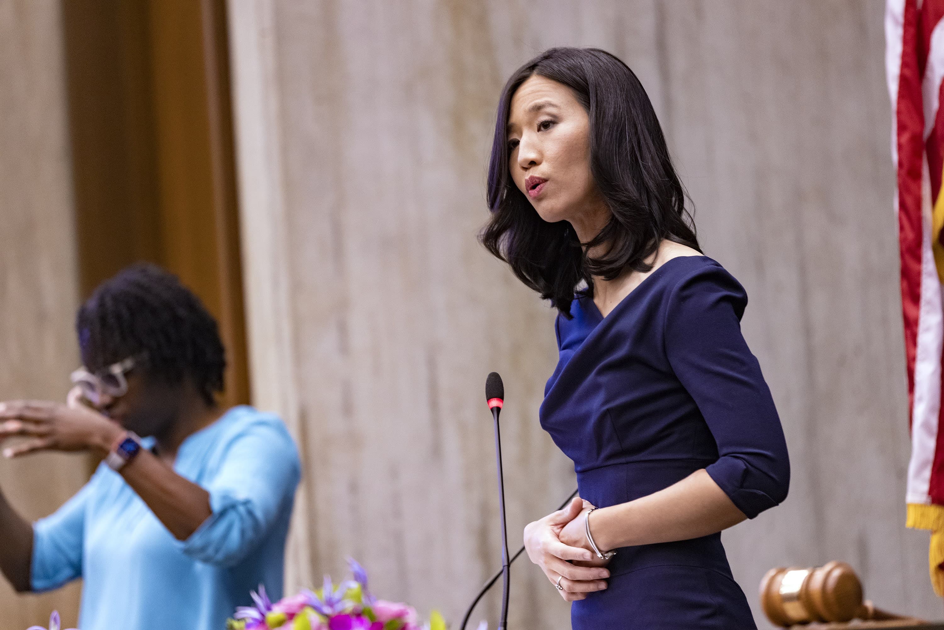 Mayor Michelle Wu speaks after she took the oath of office on Tuesday. (Jesse Costa/WBUR)