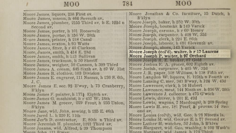 A 1869 city directory that lists both Joseph Moores and designated one as &quot;col'd,&quot; which means Black. (Courtesy of the Tenement Museum)