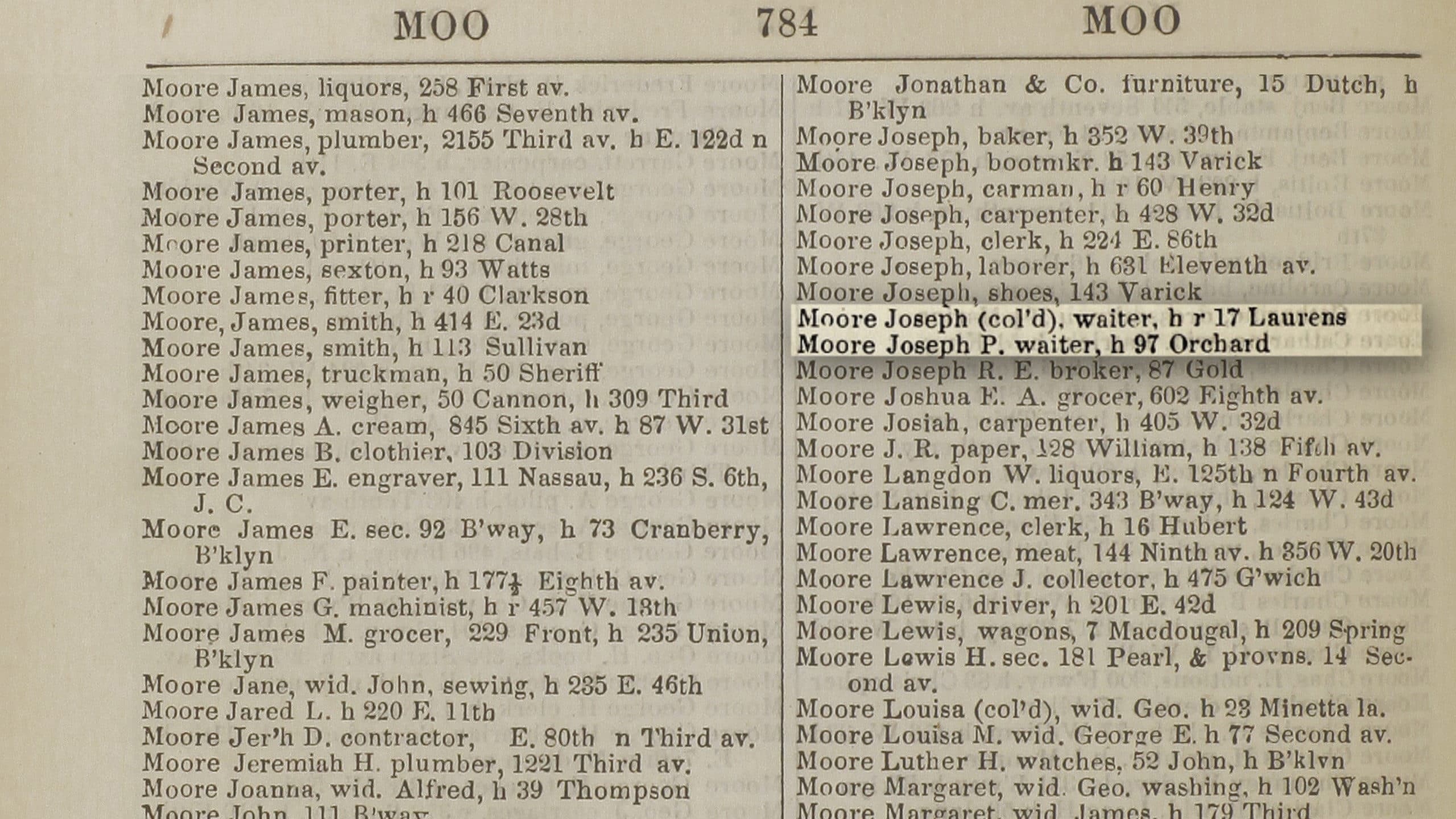 A 1869 city directory that lists both Joseph Moores and designated one as "col'd," which means Black. (Courtesy of the Tenement Museum)