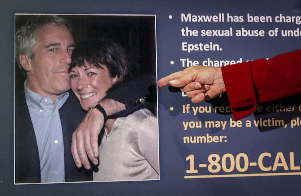 In this July 2, 2020, file photo, Audrey Strauss, acting U.S. attorney for the Southern District of New York, points to a photo of Jeffrey Epstein and Ghislaine Maxwell during a news conference in New York. (John Minchillo/AP)