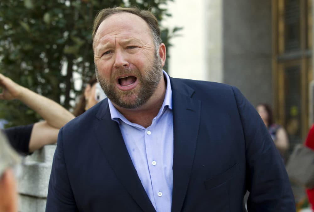 In this Sept. 5, 2018, file photo, Alex Jones speaks outside of the Dirksen building of Capitol Hill in Washington, D.C. (Jose Luis Magana/AP)