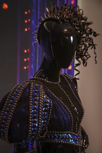A costume from the Broadway musical "Six!" on display at the "Showstoppers! Spectacular Costumes from Stage & Screen" exhibit, in Times Square on Monday, Aug. 2, 2021, in New York. (Andy Kropa/Invision/AP)