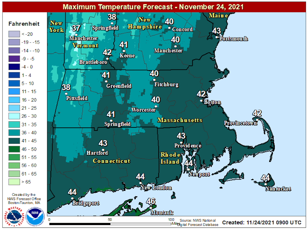Highs will be around 40 Wednesday afternoon. (NOAA)