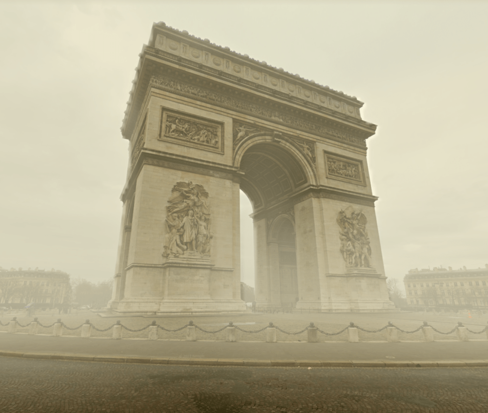 A visualization of the Arc de Triomphe in Paris surrounded by smog. (Courtesy)