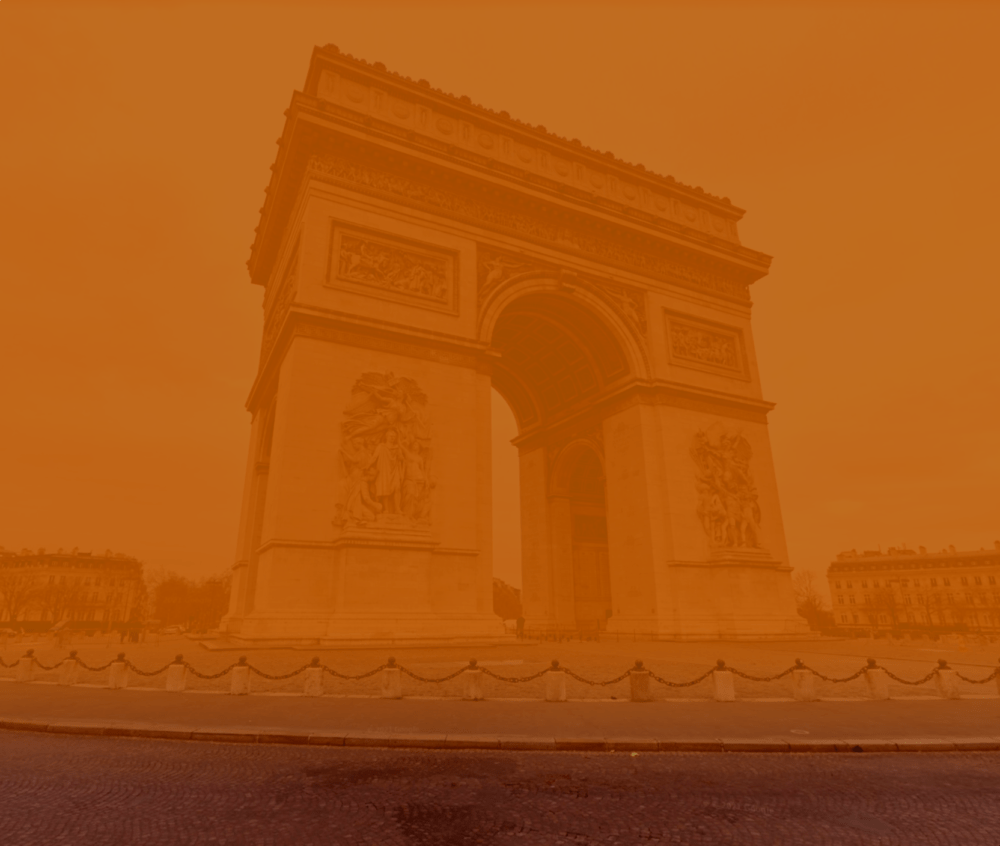 A visualization of the Arc de Triomphe in Paris during a wildfire. (Courtesy)