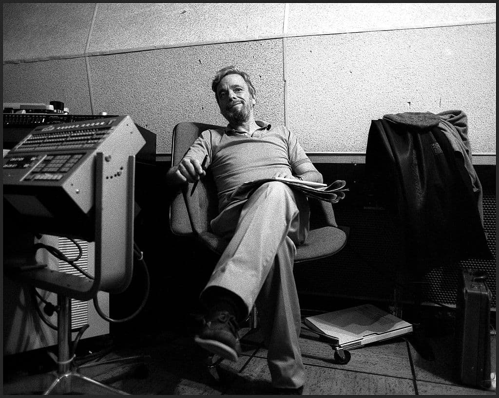 Stephen Sondheim, songwriter/lyricist, listening to music in the recording control room during the original cast recording of the Broadway musical &quot;Into The Woods&quot;, New York, 1987. (Oliver Morris/Getty Images)