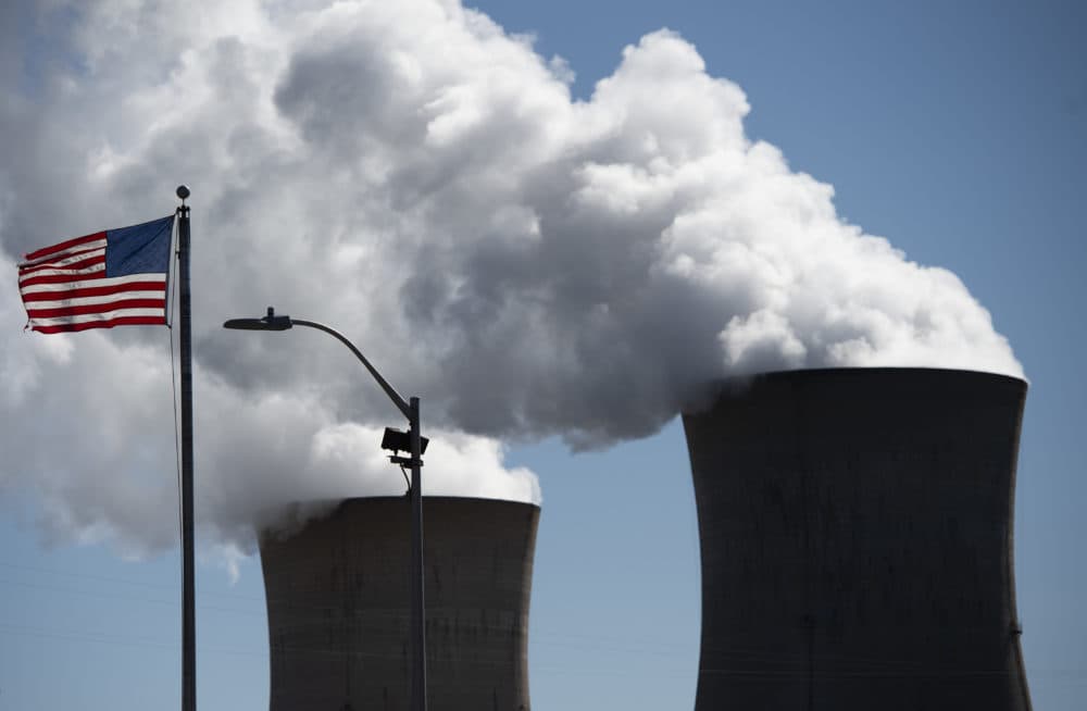 Steam rises out of the nuclear plant on Three Mile Island, with the operational plant run by Exelon Generation, in Middletown, Pennsylvania on March 26, 2019. (Andrew Caballero-Reynolds/AFP via Getty Images)