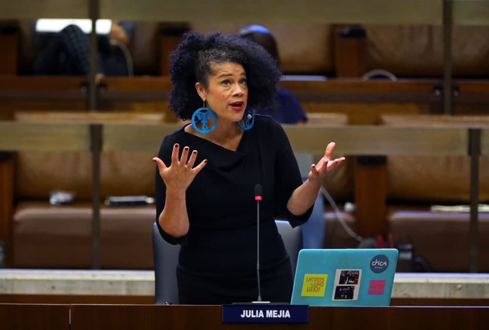 At-large City Councilor Julia Mejia addresses the Council in Boston on June 23, 2021. (Pat Greenhouse/The Boston Globe via Getty Images)