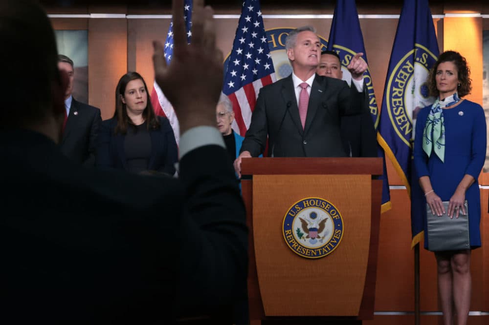 House Minority Leader Kevin McCarthy (R-CA) holds a news conference to talk about Republican victories in Tuesday's elections with members of the Virginia delegation, including (L-R) Rep. Elise Stefanik (R-NY), Rep. Virginia Foxx (R-VA), Rep. Tony Gonzales (R-TX) and Rep. Julia Letlow (R-LA), in the U.S. Capitol Visitors Center on November 03, 2021 in Washington, DC. (Chip Somodevilla/Getty Images)
